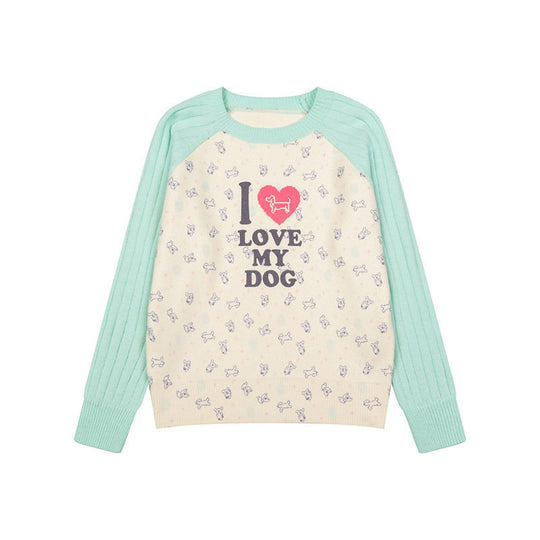 Damen Gestrickter Raglanpullover mit Herz‑Hundemotiv, Rippärmeln und Allover-Print Shop Nory