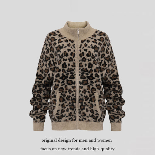 Damen Flauschige Teddy-Fleece-Jacke mit Leopardenmuster und Frontreißverschluss Shop Nory