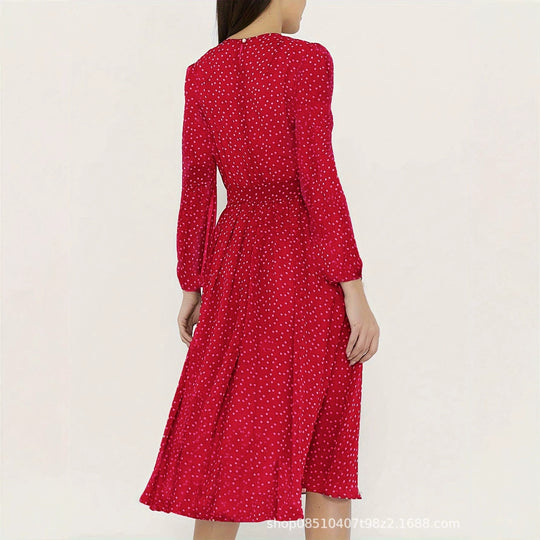 Damen Midikleid mit Punkten, taillierter Bindegürtel und Volantrock Shop Nory