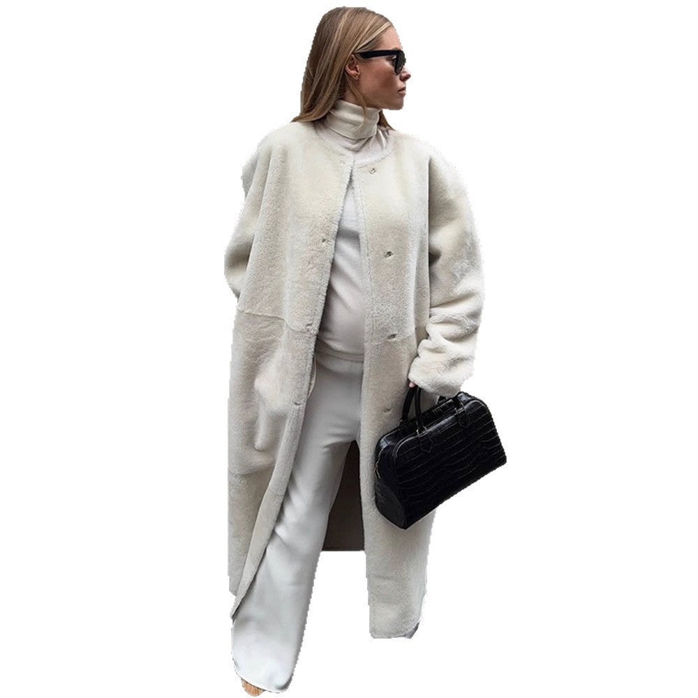 Damen Oversize Langer Kunstfell-Mantel mit Taillengürtel und Stehkragen Shop Nory