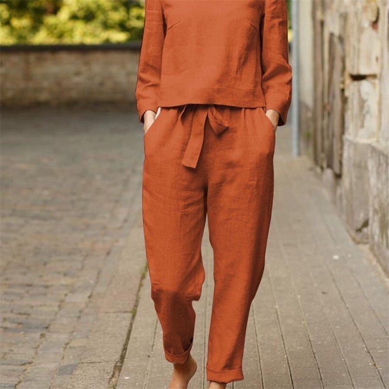 Damen Lässiges Zweiteiliges Leinen-Outfit mit breitem Bund
