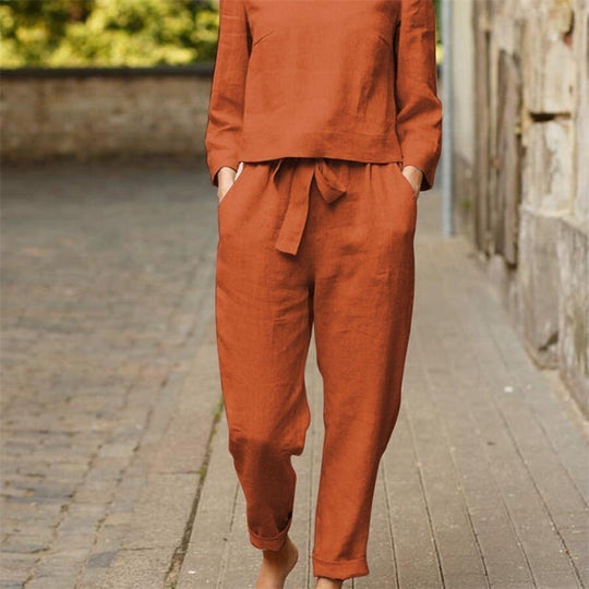 Damen Lässiges Zweiteiliges Leinen-Outfit mit breitem Bund