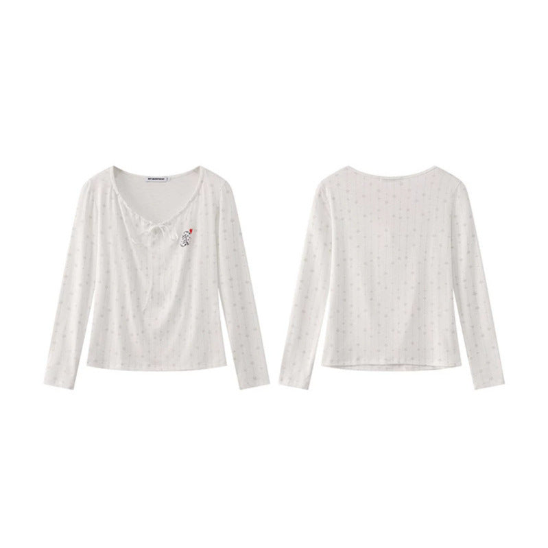 Damen Langarmshirt mit Schnürung am Ausschnitt, feinem Sternen-Jacquard und Herz-Emblem Shop Nory