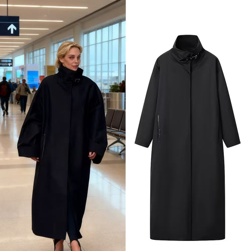 Damen Langer minimalistischer Mantel mit hohem Stehkragen und verdeckter Front Shop Nory