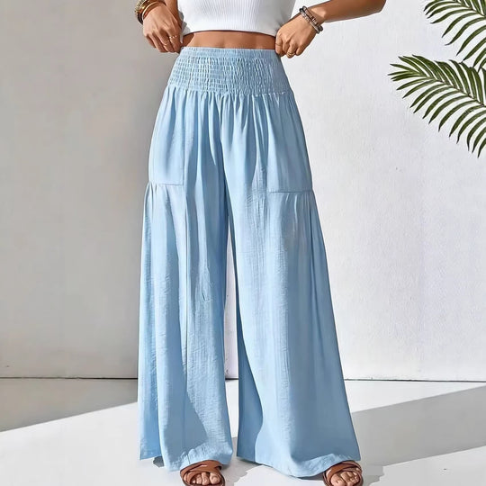 Damen weite Palazzo-Hose mit gerafftem Smock-Bund und Stufendetails Shop Nory