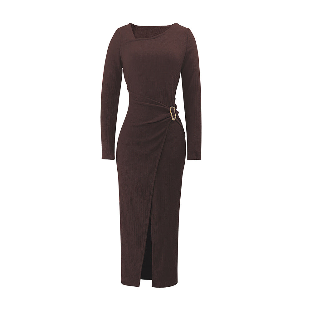 Damen asymmetrisches Wickel-Midikleid mit Ziergürtel, Drapierung und hohem Beinschlitz Shop Nory
