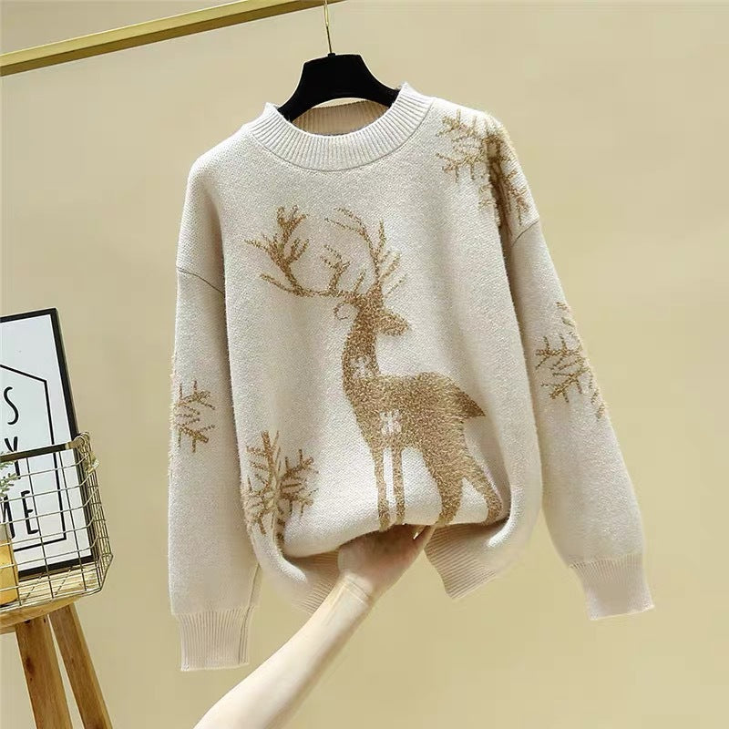 Damen Gemusterter Strickpullover mit Rentier-Jacquard, Rundhalsausschnitt und geripptem Saum Shop Nory