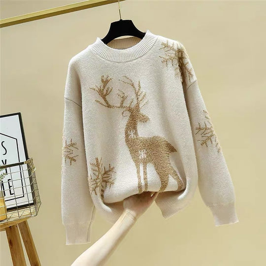 Damen Gemusterter Strickpullover mit Rentier-Jacquard, Rundhalsausschnitt und geripptem Saum Shop Nory
