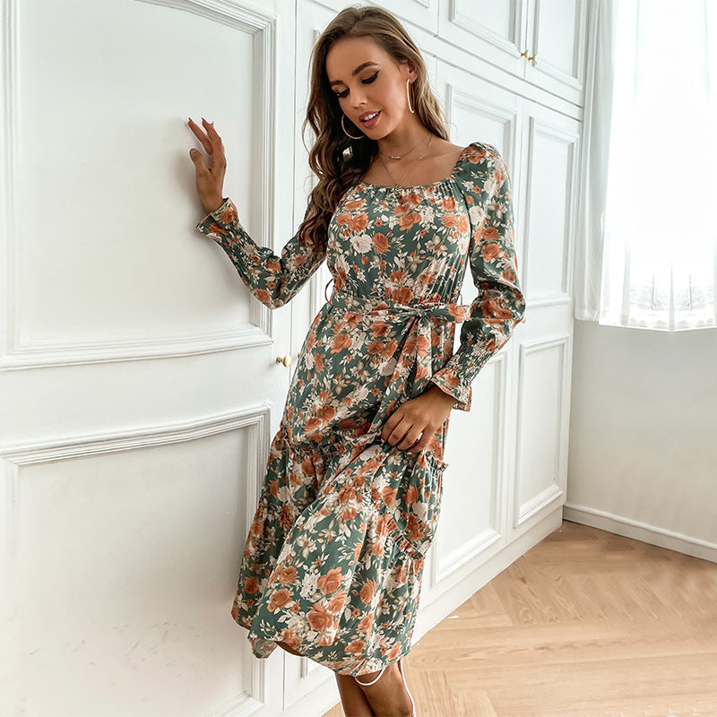 Damen Midikleid mit quadratischem Ausschnitt, Puffärmeln und Taillenschnürung Shop Nory