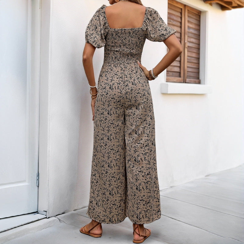 Damen Floraler Smocked-Jumpsuit mit Karree-Ausschnitt, Puffärmeln und weitem Beinschnitt Shop Nory
