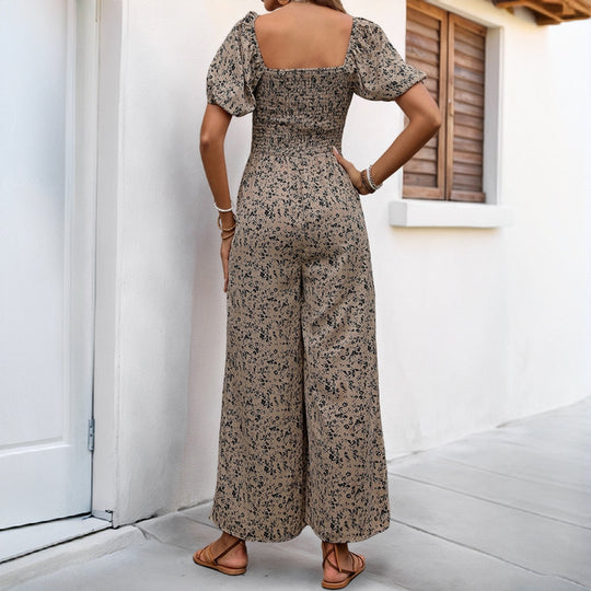 Damen Floraler Smocked-Jumpsuit mit Karree-Ausschnitt, Puffärmeln und weitem Beinschnitt Shop Nory