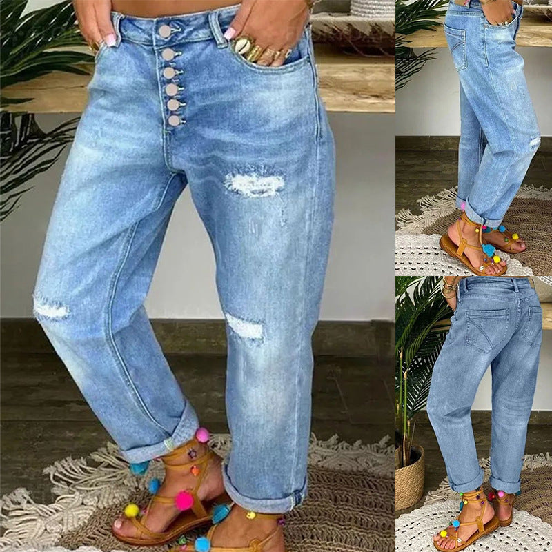 Damen Boyfriend-Jeans mit Knopfleiste und Distressed-Details