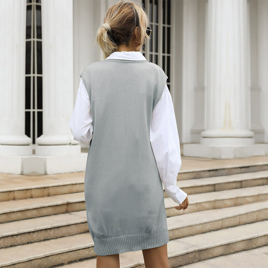 Damen Ärmelloses Zopfmuster-Strickkleid mit V-Ausschnitt und taillierender Silhouette Shop Nory