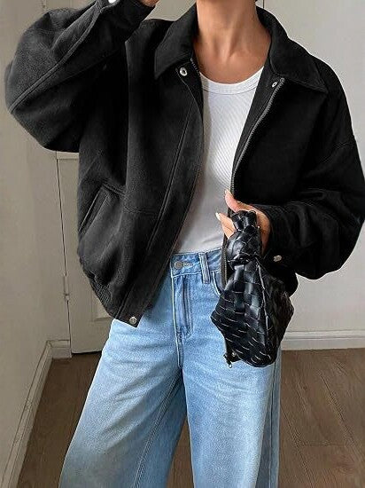 Damen Kurz geschnittene Oversize Bomberjacke mit Reißverschluss und Hemdkragen Shop Nory