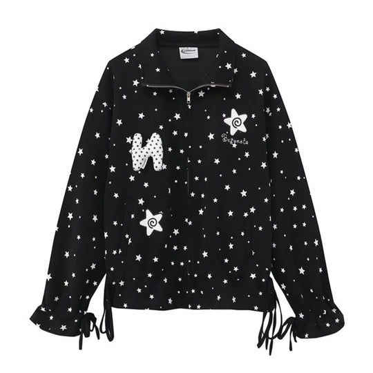 Damen leichte Stehkragen-Sweatjacke mit Sternen-Allover, Applikationen und Kordelzug Shop Nory