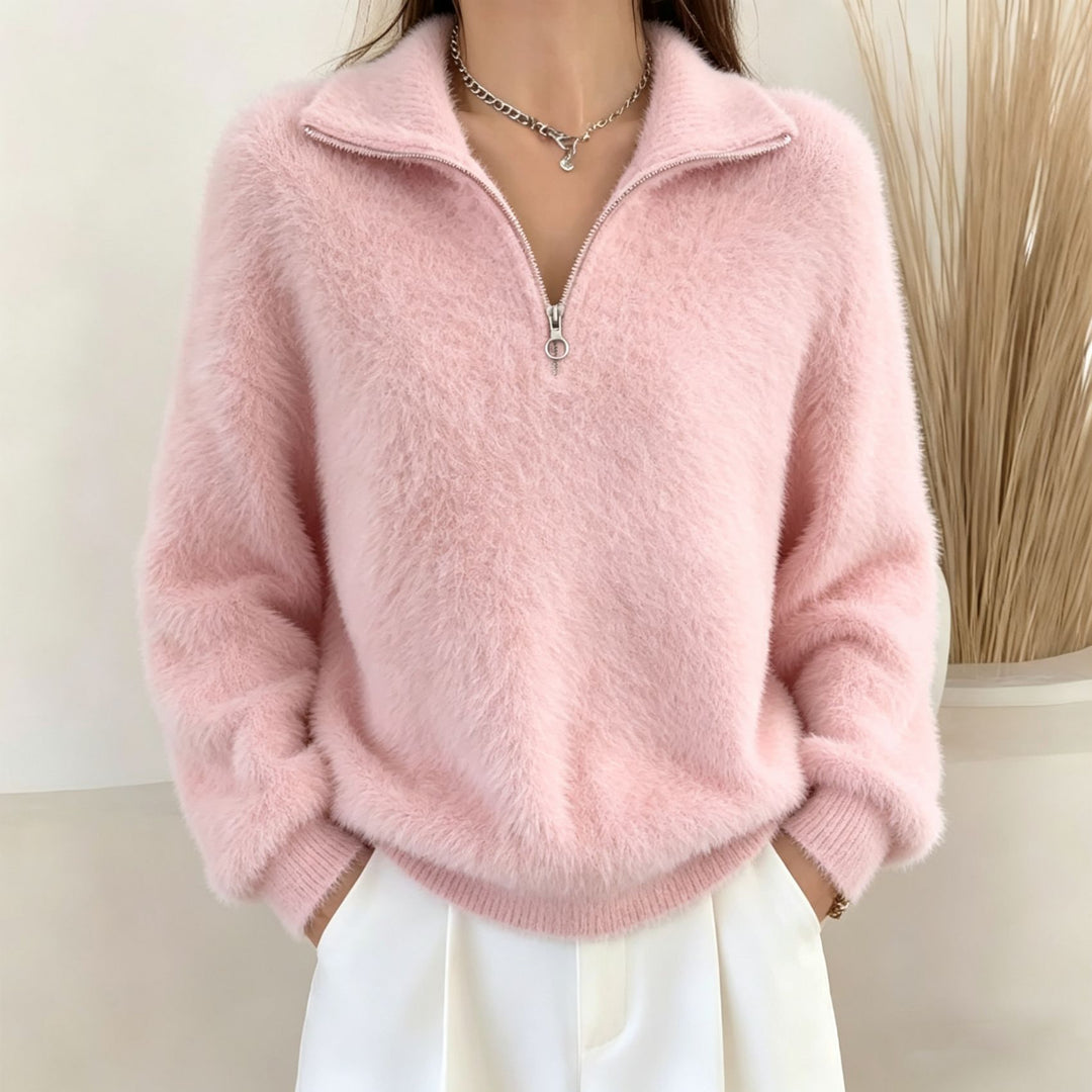 Damen Flauschiger Halbzipp-Pullover mit Stehkragen Shop Nory