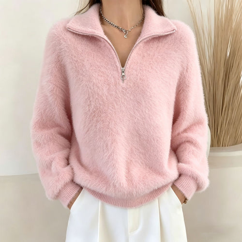 Damen Flauschiger Halbzipp-Pullover mit Stehkragen Shop Nory