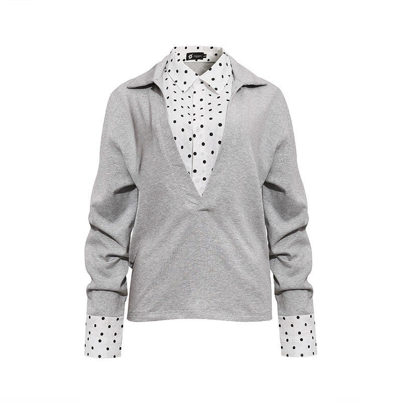 Damen Lagen-Langarmshirt mit tiefem V-Ausschnitt, angenähter Hemdblende und Polka-Dot-Details Shop Nory