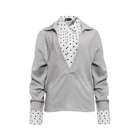 Damen Lagen-Langarmshirt mit tiefem V-Ausschnitt, angenähter Hemdblende und Polka-Dot-Details Shop Nory