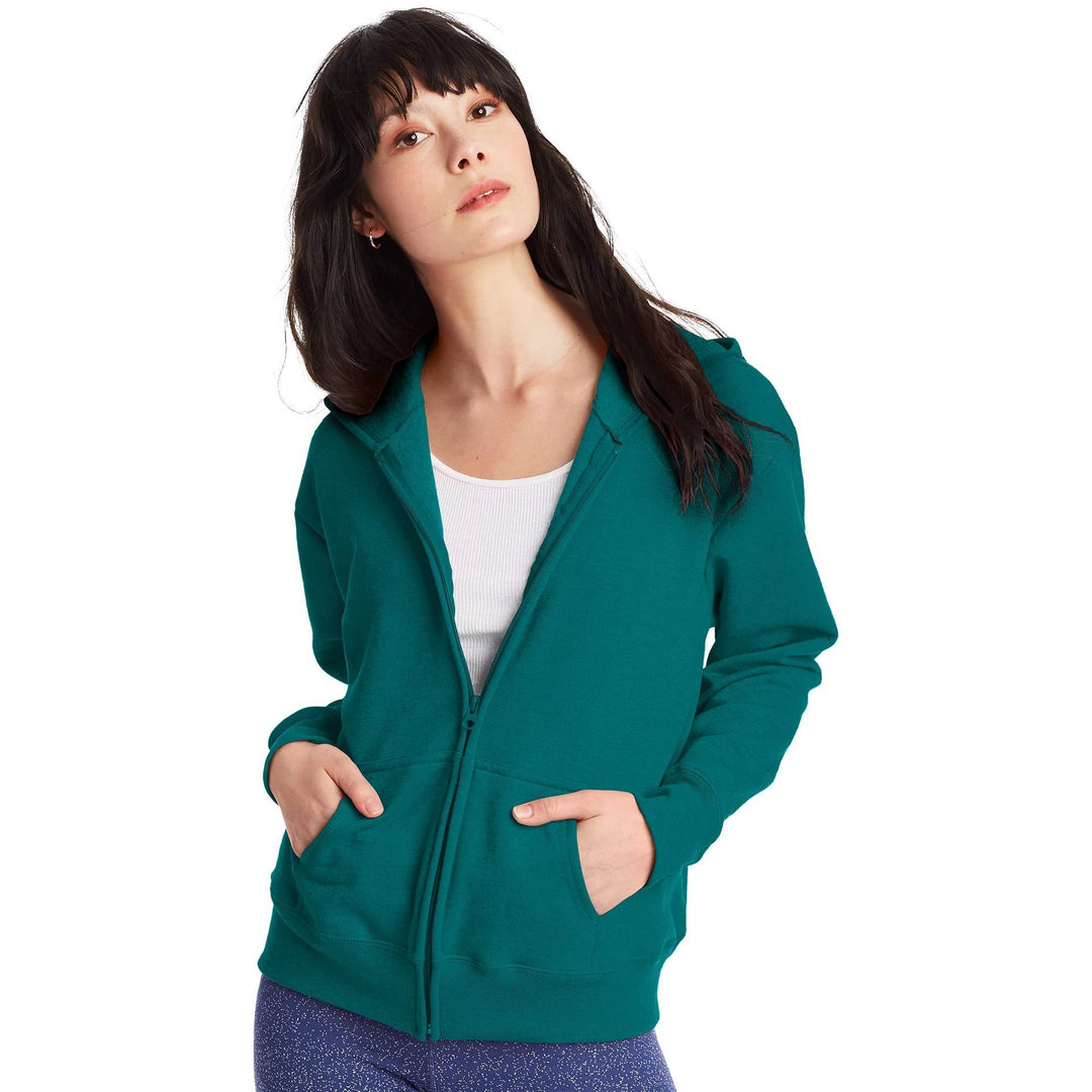 Damen Kapuzen-Sweatjacke mit durchgehendem Reißverschluss, Kängurutaschen und gerippten Bündchen Shop Nory