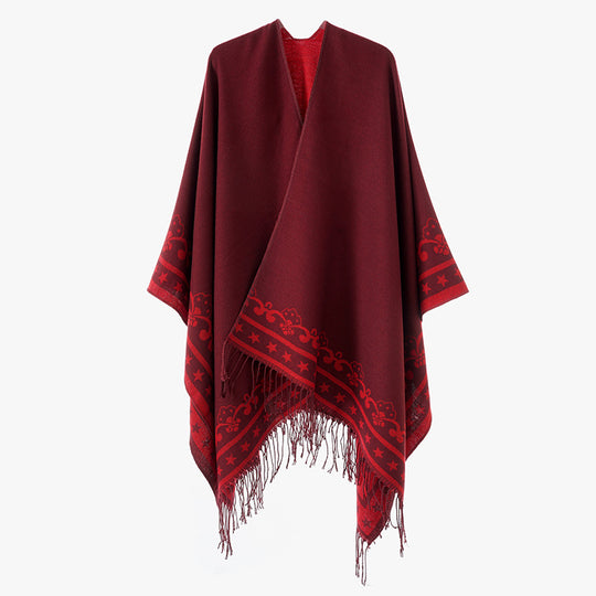 Damen Überwurfponcho aus Wollmix mit dezentem Jacquardbordüren‑Muster und Fransensaum Shop Nory