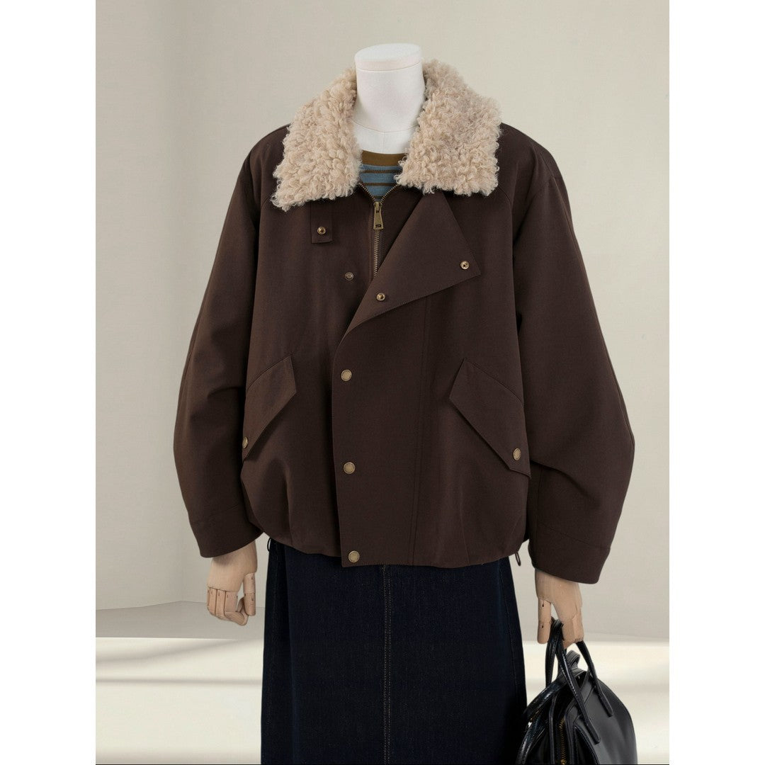 Damen Kurze Oversize-Bomberjacke mit Teddykragen und Druckknopfdetails Shop Nory