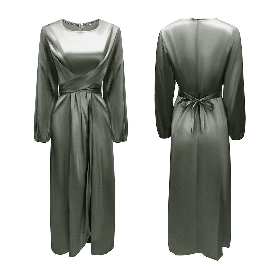 Damen Elegantes Maxikleid aus Satin mit Wickel-Detail, Langarm und Taillenband Shop Nory