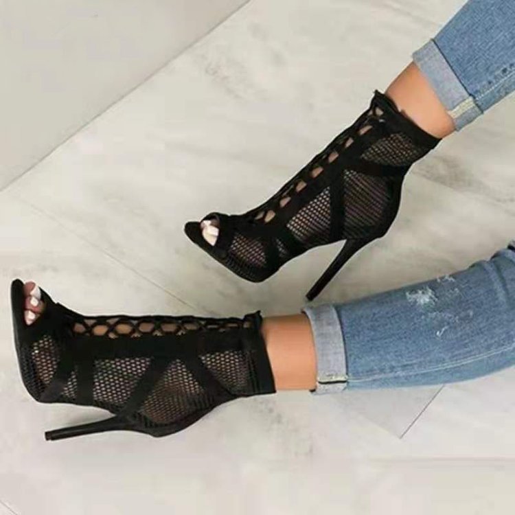 Damen Peeptoe Ankle Boots mit hochmodernem Netzdesign und elegantem Blockabsatz