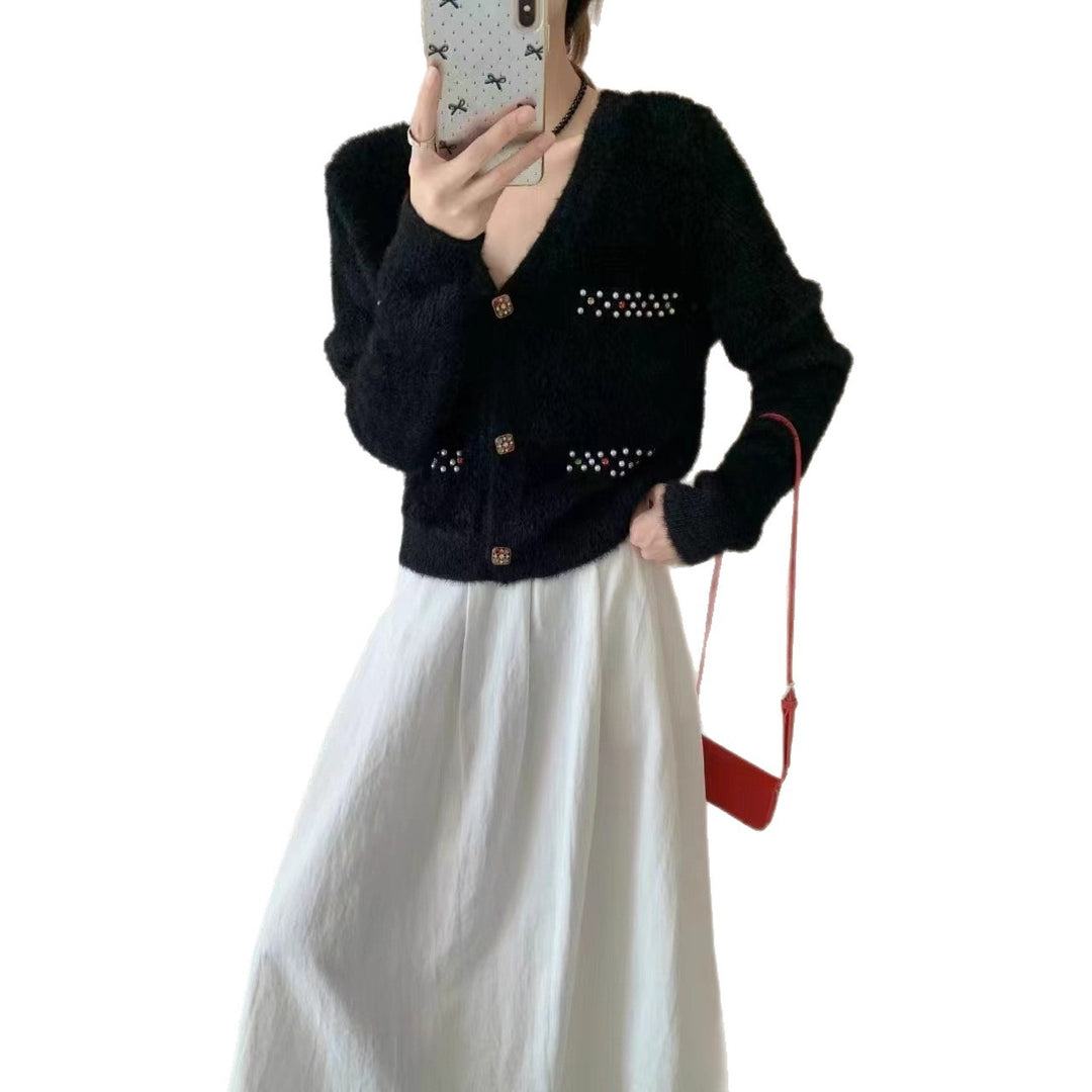 Damen Verspielter V-Ausschnitt Cardigan mit Perlen Shop Nory