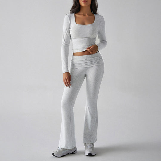 Damen nan figurbetontes Cropped-Set mit langärmeligem Top mit quadratischem Ausschnitt und ausgestellter High‑Waist Yoga-Hose Shop Nory