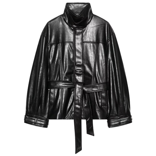 Damen Kunstleder-Shortcoat mit hohem Stehkragen, Taillenbindegürtel und Teilungsnähten Shop Nory