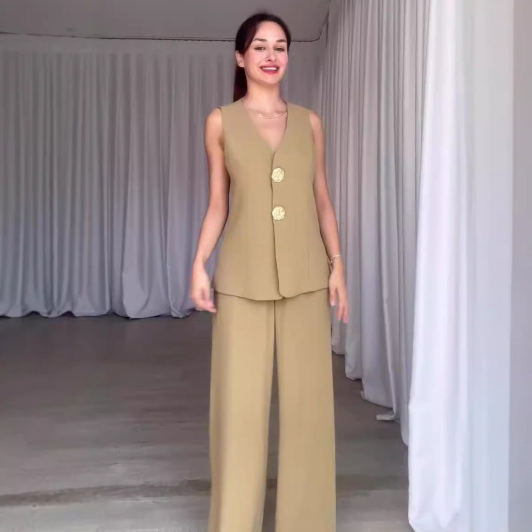 Damen Ärmelloses Tailoring-Set mit taillierter Weste, Zierknöpfen und weiter Palazzo-Hose Shop Nory