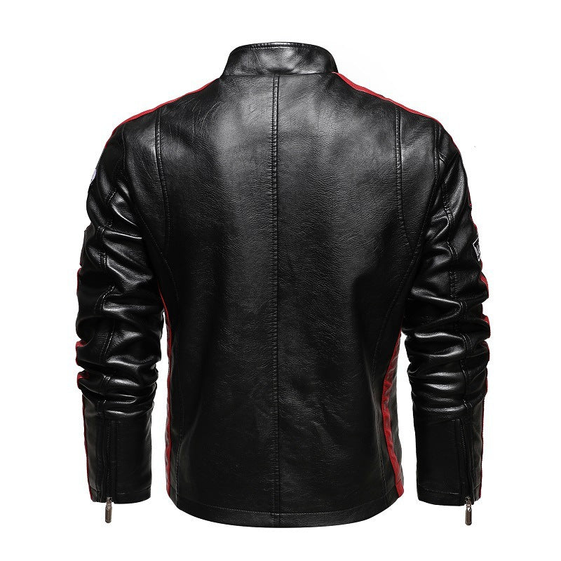 Herren Racing-Style Kunstlederjacke mit Aufnähern, Kontraststreifen und Stehkragen Shop Nory
