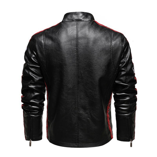 Herren Racing-Style Kunstlederjacke mit Aufnähern, Kontraststreifen und Stehkragen Shop Nory