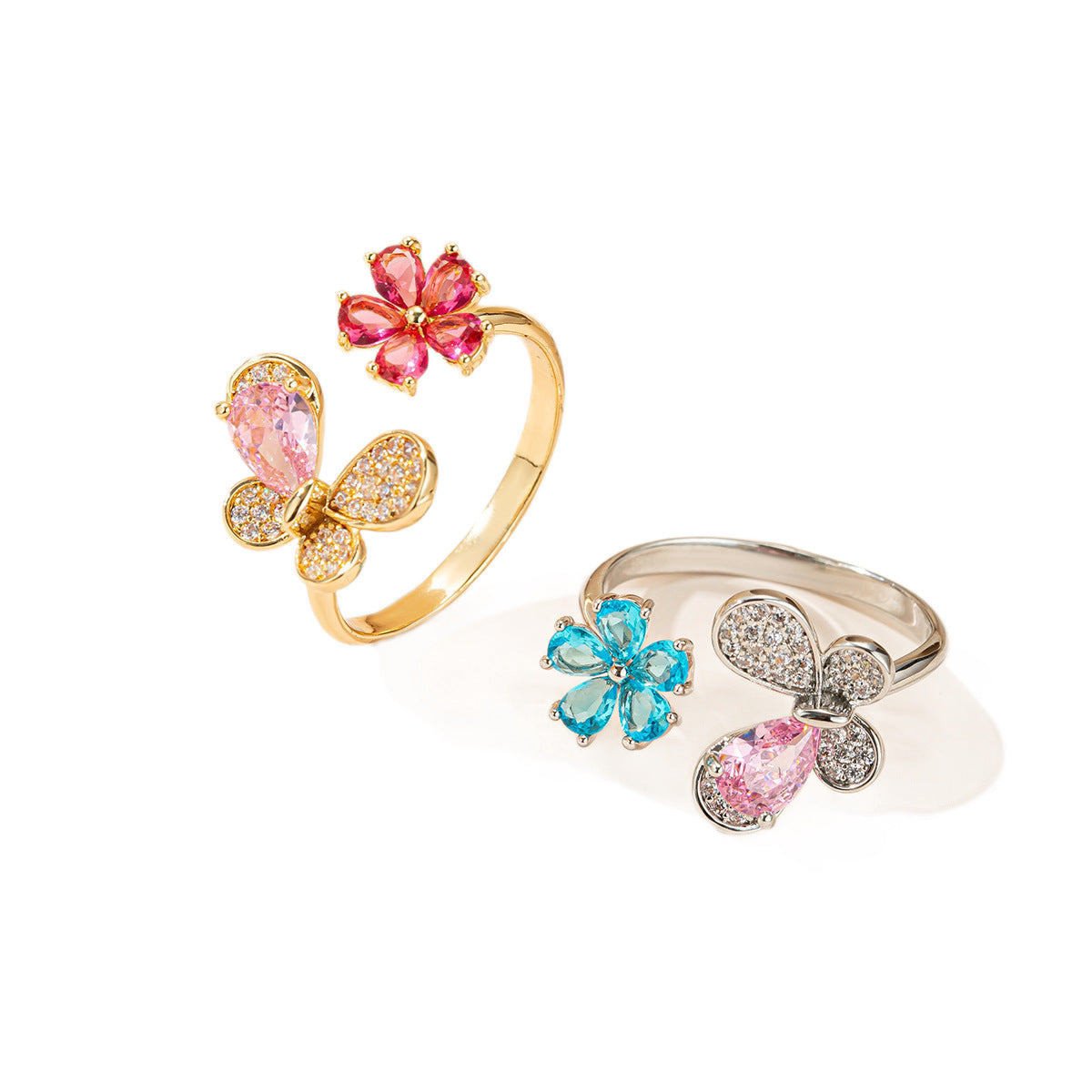 Damen eleganter und glitzernder Ring mit Schmetterlings- und Blumenmotiv Shop Nory