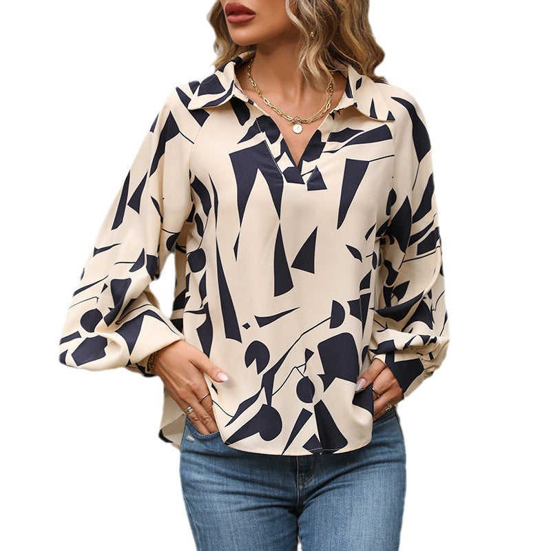 Damen Viskose-Bluse mit abstraktem Grafikprint, V-Ausschnitt & Ballonärmeln Shop Nory