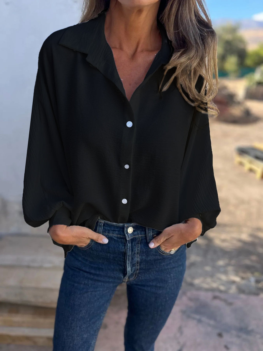 Damen Locker geschnittene Viskose-Hemdbluse mit Oversize-Schnitt und Ballonärmeln Shop Nory