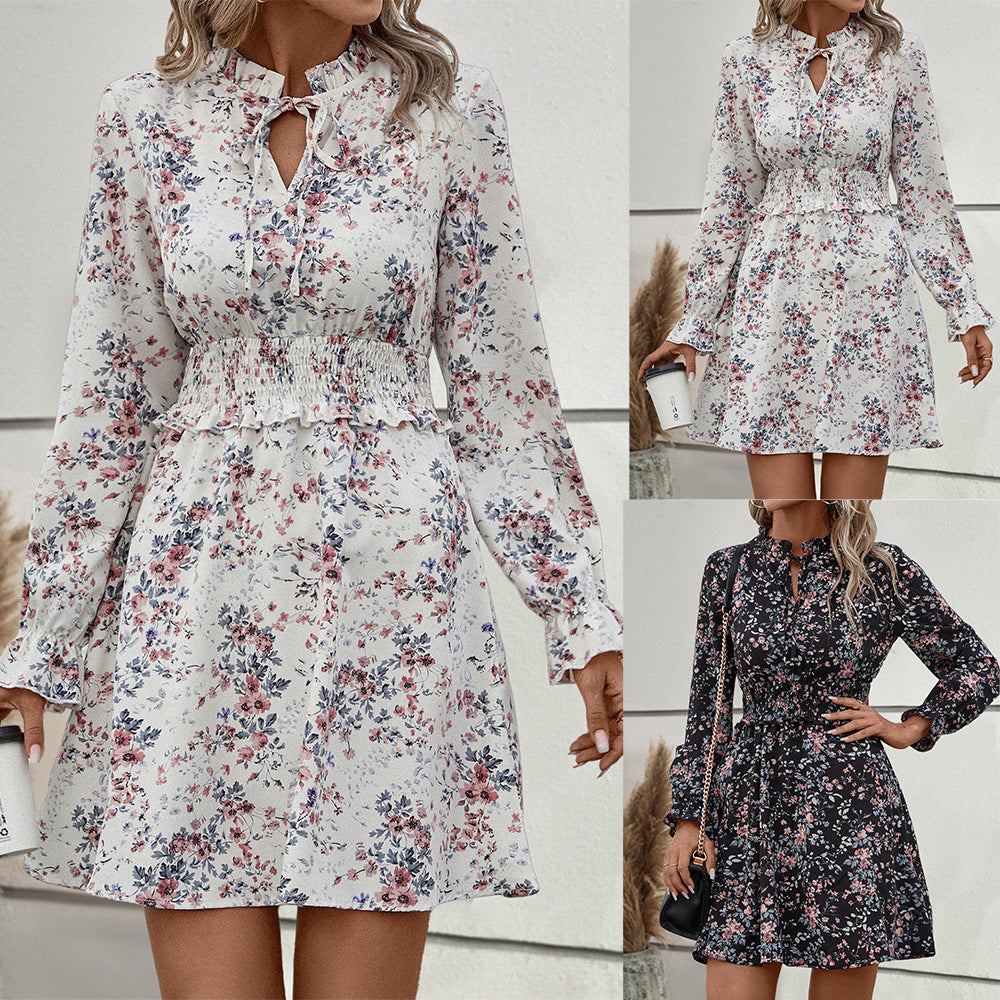 Damen blumiges Freizeitkleid mit raffinierten Rüschendetails und elastischem Taillenbund Shopnory
