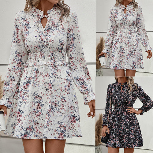 Damen blumiges Freizeitkleid mit raffinierten Rüschendetails und elastischem Taillenbund Shopnory