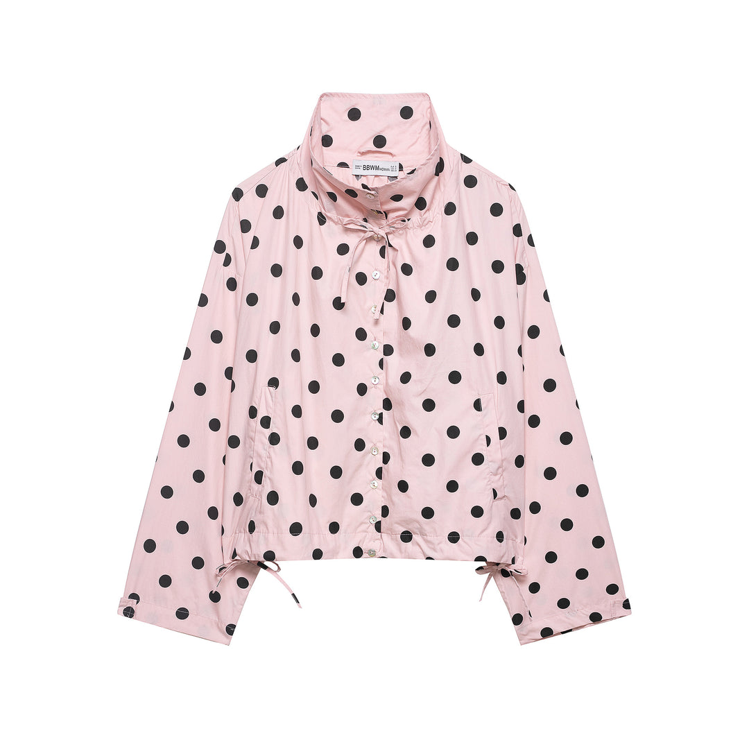 Damen Leichte Bluse im Polka‑Dot‑Design mit Stehkragen, Tunnelzugsaum und Knopfleiste Shop Nory