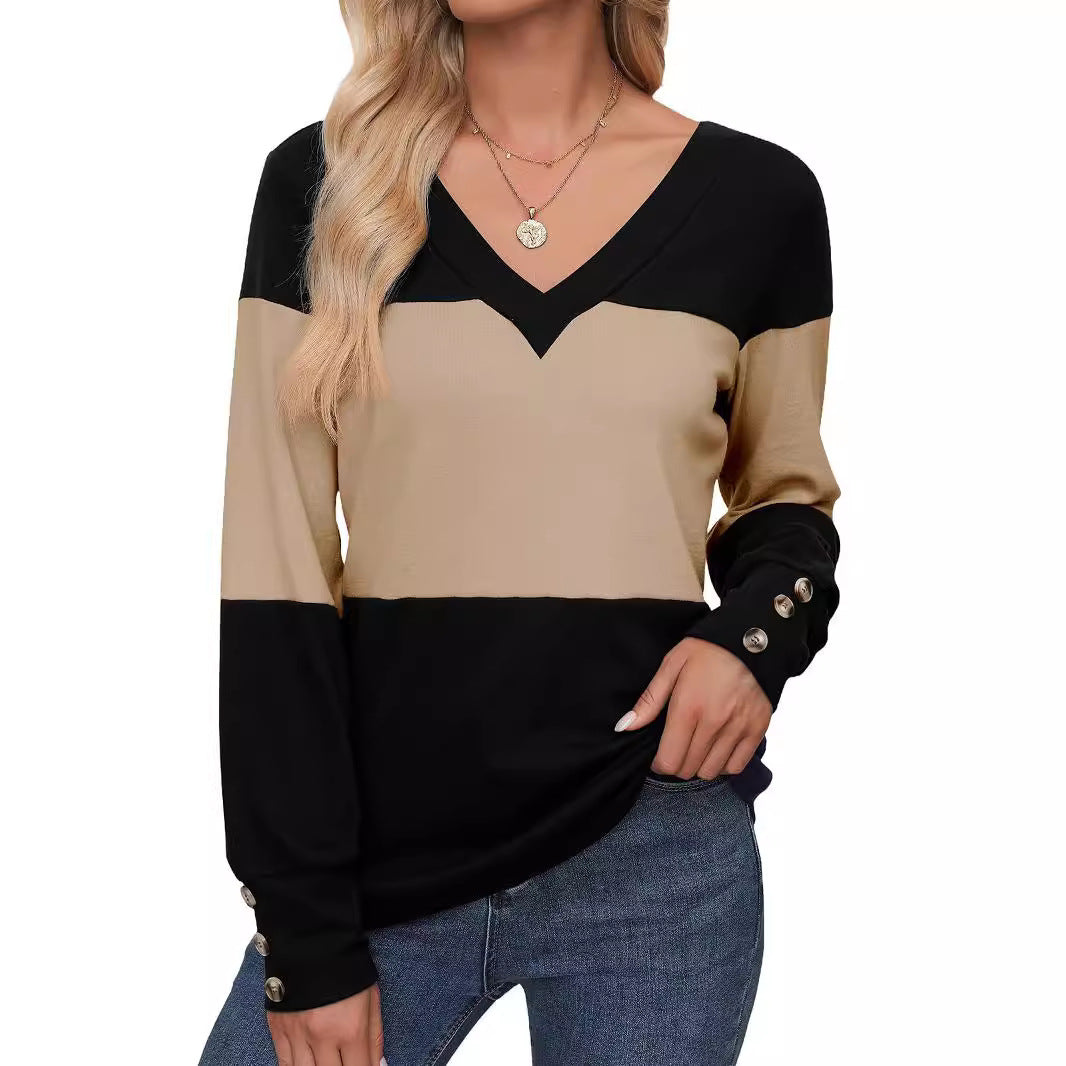 Damen Feinstrick-Pullover mit V‑Ausschnitt, Colorblock und Zierknopf‑Manschetten Shop Nory