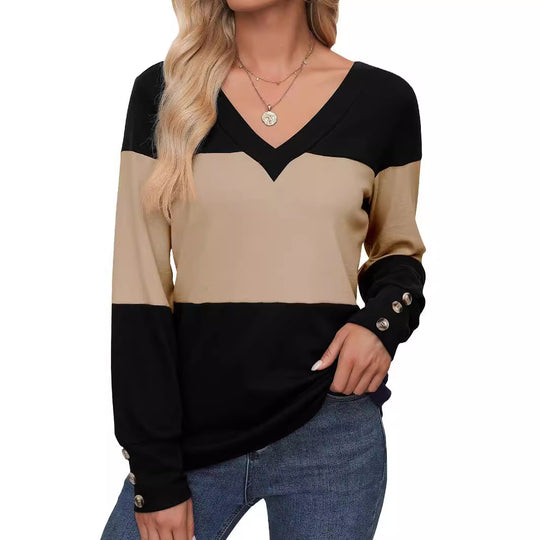 Damen Feinstrick-Pullover mit V‑Ausschnitt, Colorblock und Zierknopf‑Manschetten Shop Nory