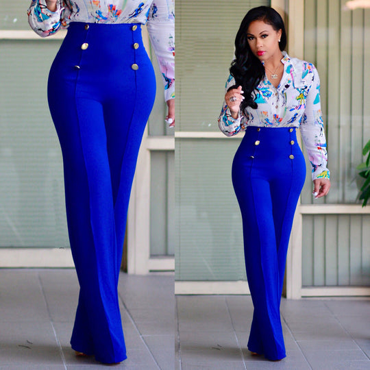 Damen hochtaillierte Palazzo-Hose mit dekorativen Knopfdetails