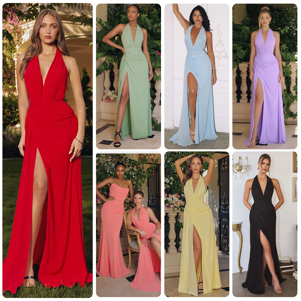 Damen Elegantes Abendkleid mit fließendem Stoff und raffiniertem V-Ausschnitt Shopnory