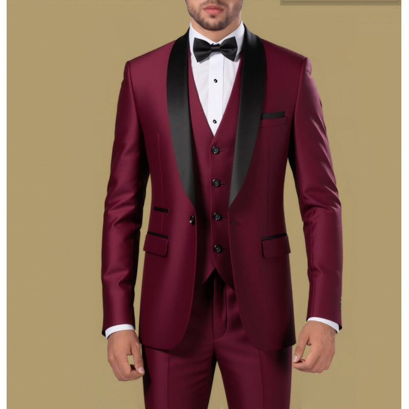 Herren Taillierter Dreiteiliger Smokinganzug mit Schalkragen und Satinrevers Shop Nory