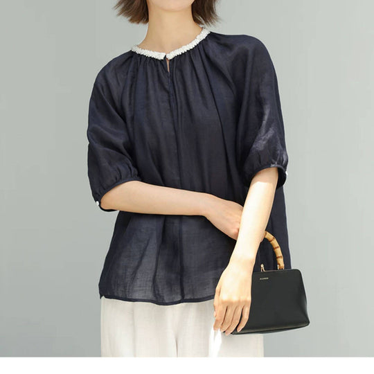 Damen Lässige Leinenbluse mit Dekorativem Kragen Shop Nory