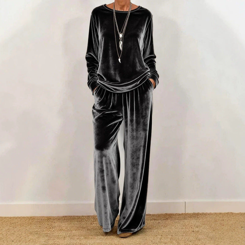 Damen Samt-Loungewear-Set mit weitem Bein, elastischem Bund und Rundhalsausschnitt Shop Nory