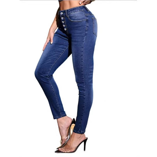 Damen Hochtaillierte Sculpting-Skinny-Jeans mit sichtbarer Mehrfachknopf-Leiste und formendem Po‑Lift Shop Nory