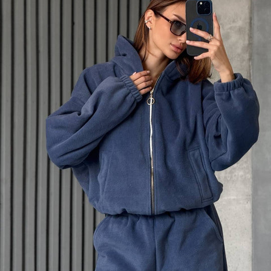 Damen Plüsch-Loungewear-Set mit Reißverschluss-Kapuzenjacke und taillenhoher Jogginghose Shop Nory