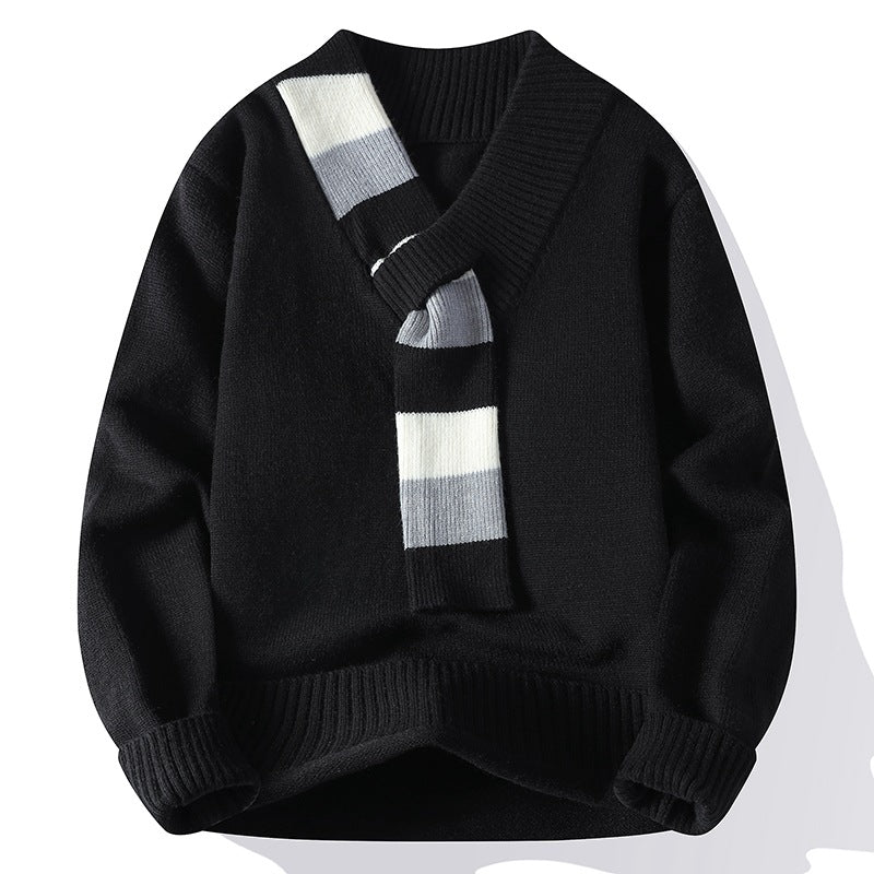 Herren V-Ausschnitt Strickpullover mit integriertem Kontraststreifen-Schal und gerippten Bündchen Shop Nory